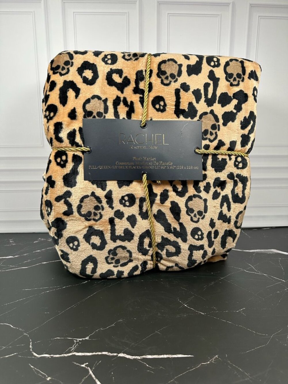 Rachel Roy Halloween Plush Blanket Full Queen Leopard Skull Print Tan Black